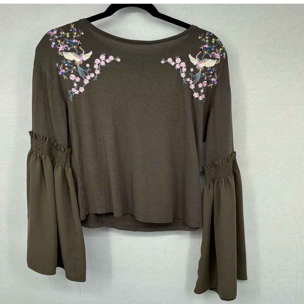 Orsay Small Olive Embroidered Bell Sleeve Boho Top Floral Crane